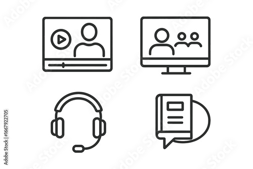 Online education and e-learning line icon set. Vector symbols for video lecture, webinar, virtual class, audiobook, and support. Thin icons for distance learning concept.