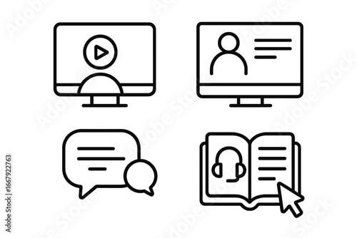 Online education icon set. E-learning, distance learning course concept. Vector outline icons of video lecture, webinar, chat, e-book, audiobook for website and mobile app.