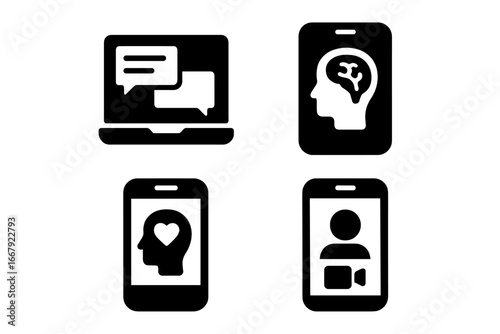 Online mental health and therapy icon set. Telemedicine, psychology concept. Virtual consultation, video call, support chat, and counseling app solid glyph icons for web design.
