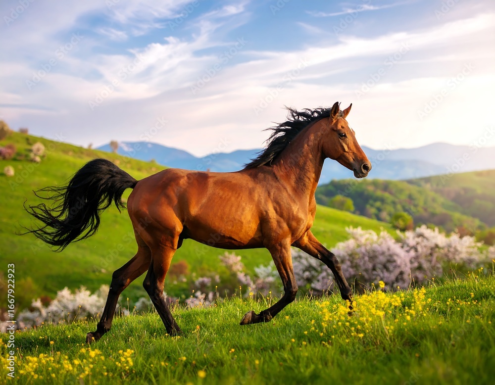 Obraz premium Chestnut Horse Galloping Hillside Spring