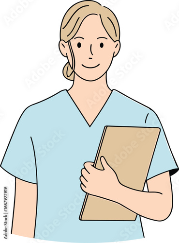 Smiling cartoon healthcare worker in light blue scrubs with clipboard and tied-back hair, cheerful medical staff illustration design