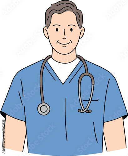 Smiling cartoon medical professional in blue scrubs with stethoscope, healthcare character illustration for hospitals, clinics, and health services