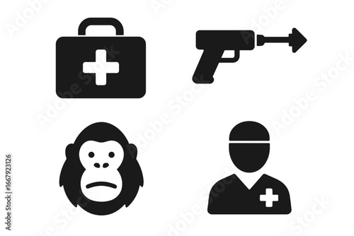 Orangutan rescue solid icon set. Veterinary care for wildlife conservation. Ape and monkey rehabilitation symbols with medic, first aid kit and tranquilizer dart gun vector.