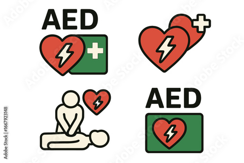 AED icon set. Automated external defibrillator and CPR first aid procedure icons. Emergency cardiac arrest response symbol. Heart with electricity shock. Medical vector illustration.