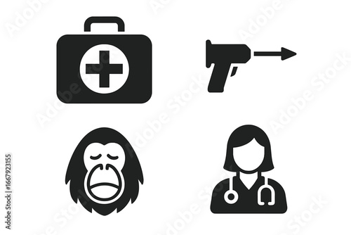Orangutan rescue icon set. Veterinary care for wildlife conservation. Primate rehabilitation with vet, medical kit, tranquilizer gun. Animal healthcare vector glyph symbols.