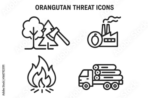 Orangutan threat icon set. Vector line icons of deforestation, palm oil industry, forest fire, and logging. Habitat destruction and environmental conservation concept.