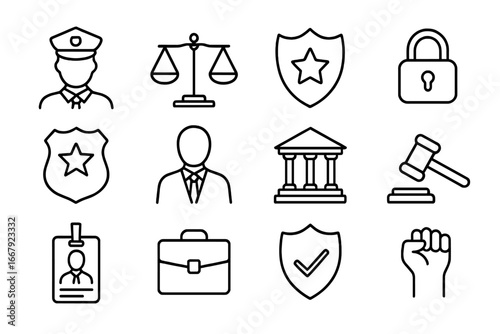 Law and justice icon set. Authority, security, police and legal system outline icons. Vector collection includes judge gavel, courthouse, scales, shield, protest fist.