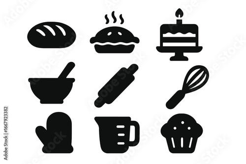 Baking and cooking solid glyph icon set. Bakery symbols collection with bread, pie, cake, muffin and pastry. Kitchen tools vector silhouette illustration collection.
