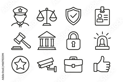 Law and justice line icon set. Authority, security, police icons. Legal protection, government, business symbols. Vector outline collection of policeman, gavel, scales, cctv.