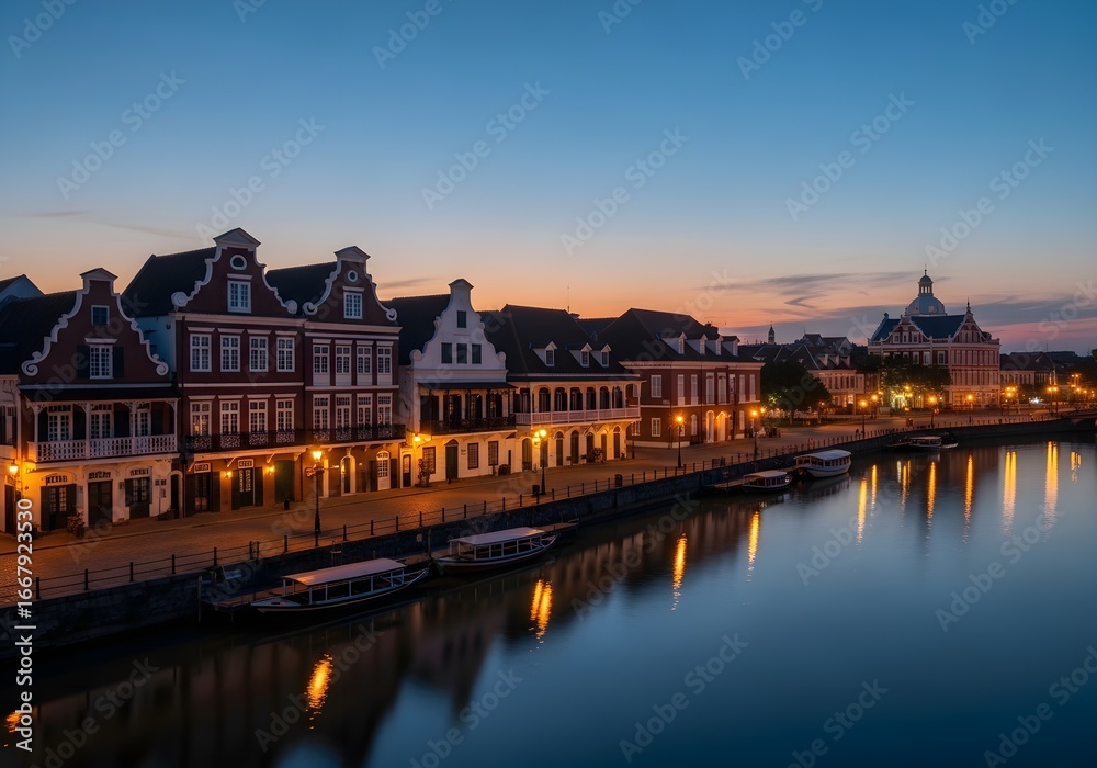 Obraz premium Panoramic Colonial Cityscape at Deep Twilight