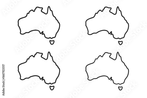 Australia map vector icon set. Simple black line outline illustration of the Australian continent and Tasmania. Geography symbol for travel. Flat isolated country border.