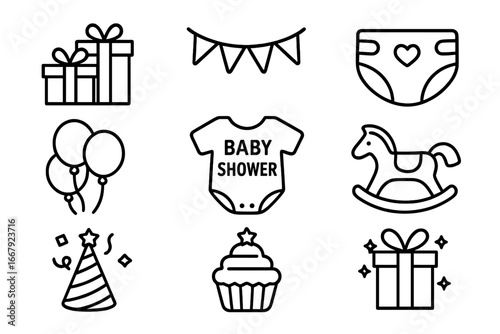 Baby shower linear icon set. Newborn celebration and party elements. Vector outline graphic collection for gender reveal. Gifts, decorations, clothes, rocking horse toy.