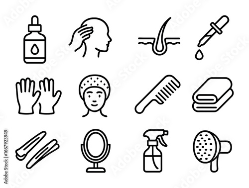 Hair Treatment Icons Set. Outline icon set of Hair growth scalp treatment: serum bottle, scalp massage, hair