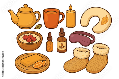 Cozy home wellness vector set for autumn comfort. Hygge lifestyle elements for self care and relaxation. Tea, porridge, candle, slippers, sleep mask, essential oil icons pack.