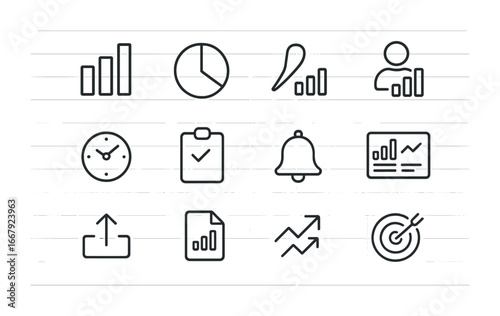 Productivity Icon Set. Outline icon set of Productivity analytics and reports: bar chart, pie chart, line