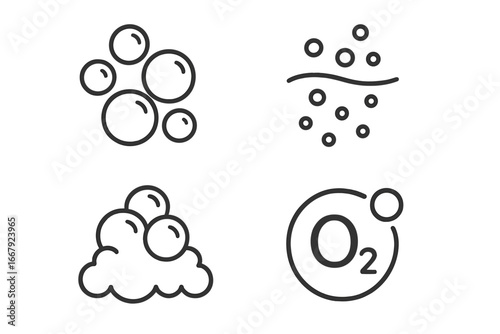 Bubble icons set. Soap foam, suds, fizzy drink symbol. Oxygen O2, effervescent, soda pop, air bubbles, carbonated water. Minimal outline vector line art illustration.