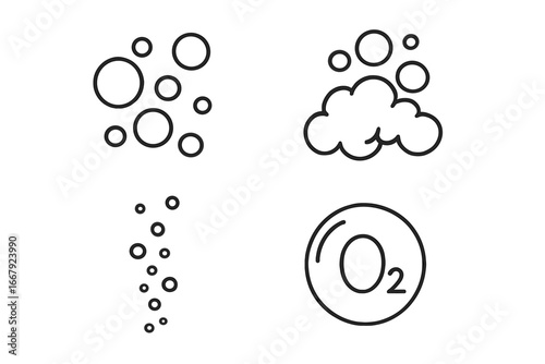 Bubble line icons set. Vector outline symbols of soap foam, suds, oxygen O2, and fizzy drink. Simple effervescent bubbles for water, soda, and champagne. Clean cartoon illustration.