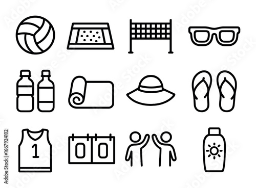 Beach Volleyball Icons. Outline icon set of friends playing beach volleyball: volleyball, sand court, net,