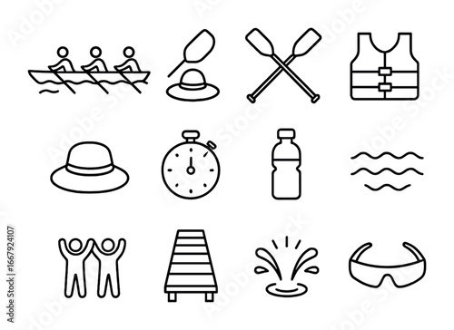 Rowing Icon Set. Outline icon set of group rowing activity: rowing boat, oars, life jackets, water waves, sun