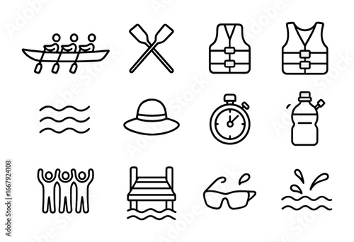Rowing Icon Set. Outline icon set of group rowing activity: rowing boat, oars, life jackets, water waves, sun