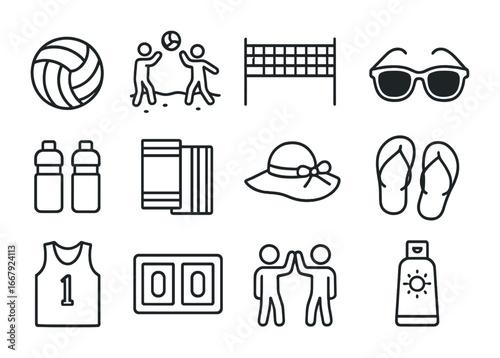 Beach Volleyball Icons. Outline icon set of friends playing beach volleyball: volleyball, sand court, net,