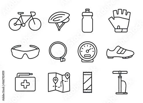 Cycling Gear Icons. Outline icon set of group cycling outdoors: bicycle, helmet, water bottle, gloves,
