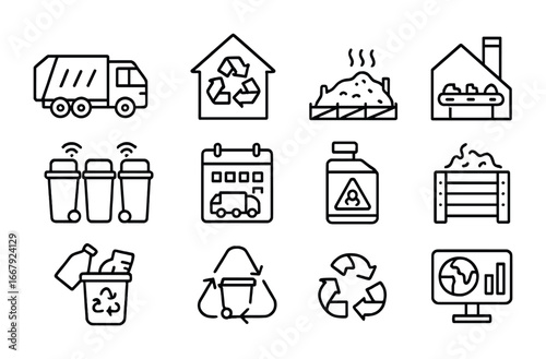 City Waste Management Icons. Outline icon set of city waste management: garbage truck, recycling center,