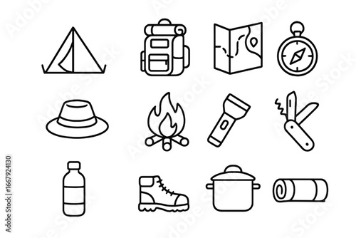 Camping gear line icon set. Outdoor adventure and hiking equipment symbols. Tourist essentials for survival and travel. Backpack, tent, map, compass, fire, boot vector icons.