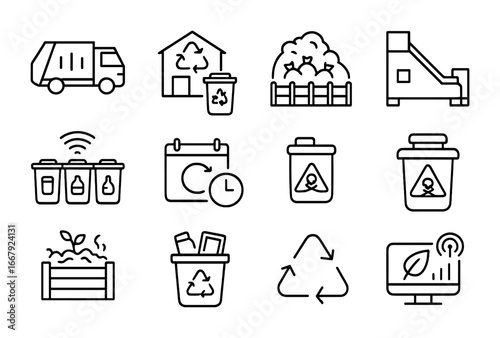 City Waste Management Icons. Outline icon set of city waste management: garbage truck, recycling center,