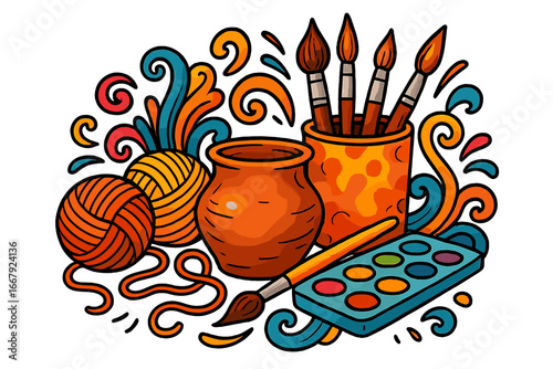 Arts and crafts supply concept with yarn for knitting, clay pot for pottery, and watercolor paint with brushes. Handmade creative hobby vector illustration in a doodle cartoon style.