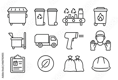 Waste Management Icons. Outline icon set of commercial waste management: dumpster, recycling bins, sorting