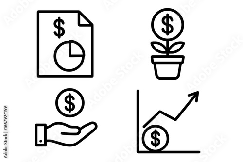 Business and finance line icon set for budget, investment, and money management. Vector graphic concepts for financial growth, profit analysis, income report, and capital success.