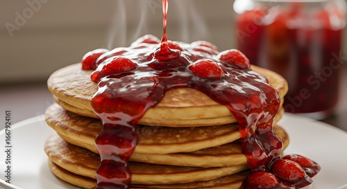 Stack of fresh pancakes with red fruit compote and syrup
