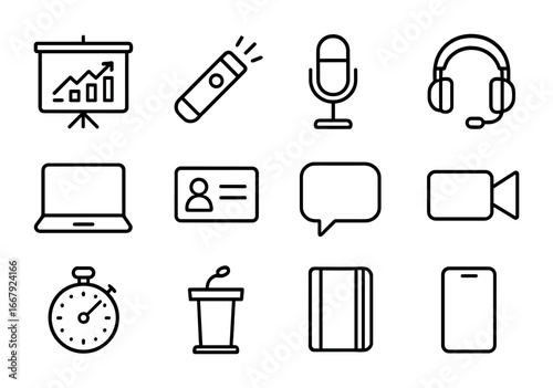 Executive Tool Icons. Outline icon set of executive communication tools: presentation slide, laser pointer,