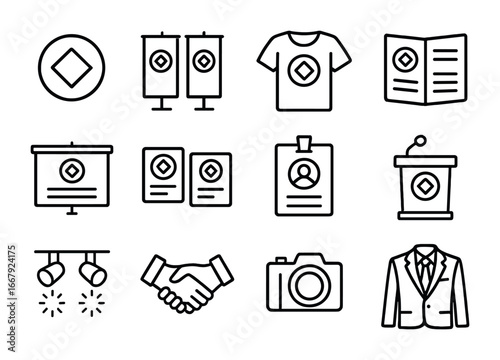 Corporate Branding Icons. Outline icon set of corporate branding at conferences: logo, banners, merchandise,