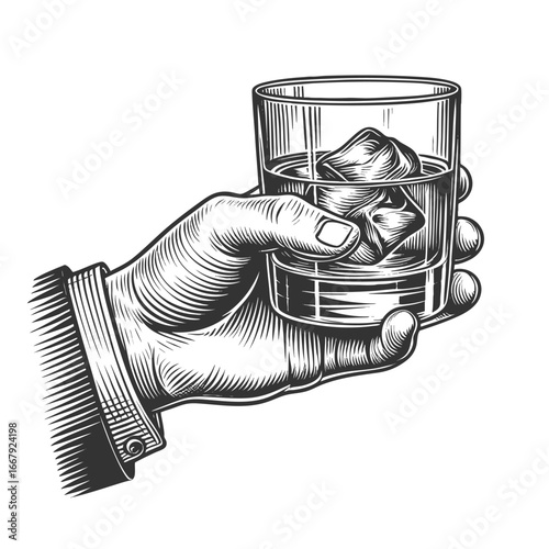 hand holding a whiskey glass with ice cubes, symbolizing elegance, leisure, and sophistication sketch engraving generative ai vector illustration. Scratch board imitation. Black and white image.