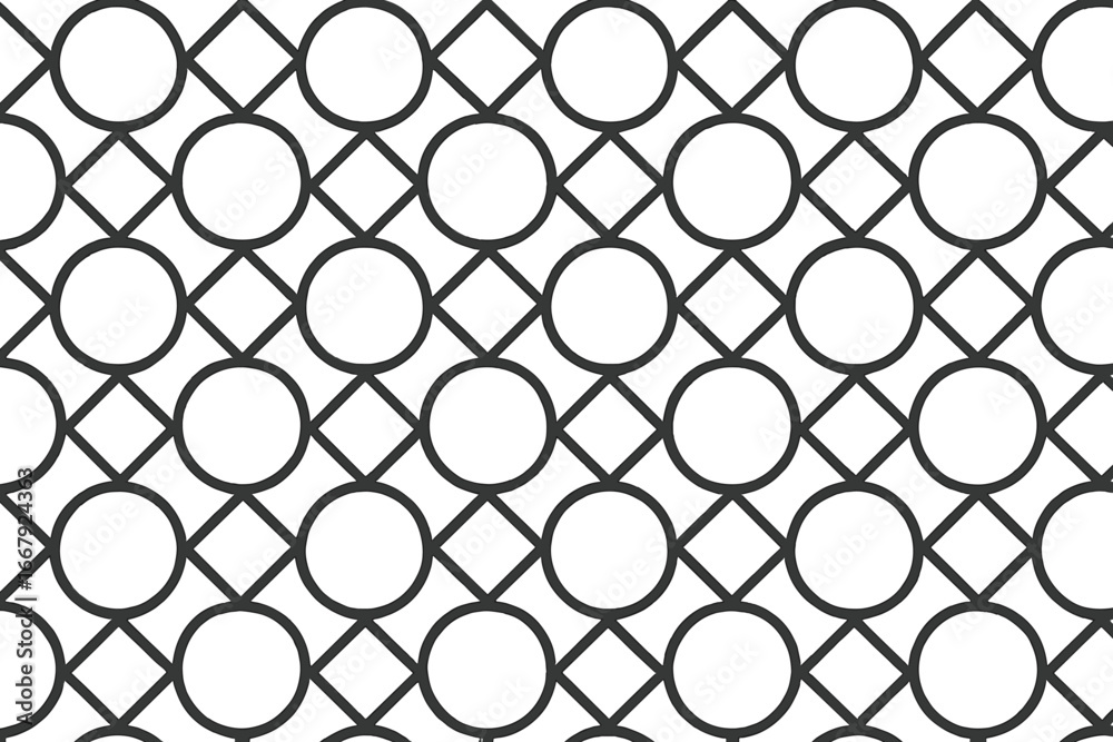 Fototapeta premium Seamless geometric vector pattern with circles and rhombuses. Abstract monochrome background. Linear grid texture for modern design, wallpaper, textile, or wrapping paper.