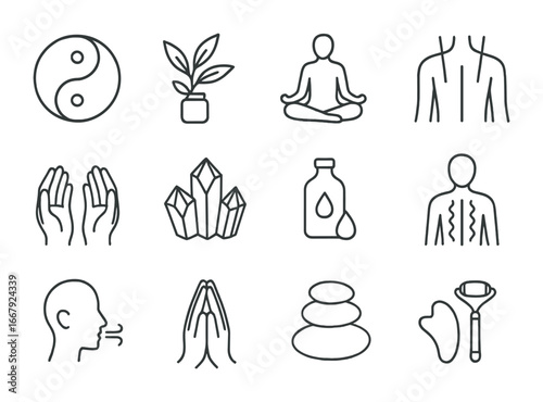 Holistic Health Icons. Outline icon set of holistic health practices: yin-yang symbol, herbal remedies,