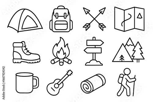 Camping and hiking outline icon set. Outdoor adventure and travel equipment symbols. Vector linear pictogram collection for tourism, trekking, and expedition concepts.