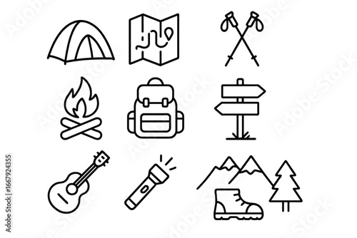 Camping and hiking outline icon set. Outdoor adventure and travel equipment symbols collection. Vector icons for camp, trekking, nature exploration and tourism concept.