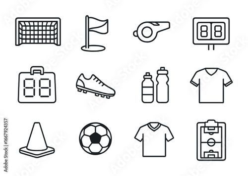Soccer Match Essentials. Outline icon set of soccer match setup: goal net, corner flags, referee whistle,