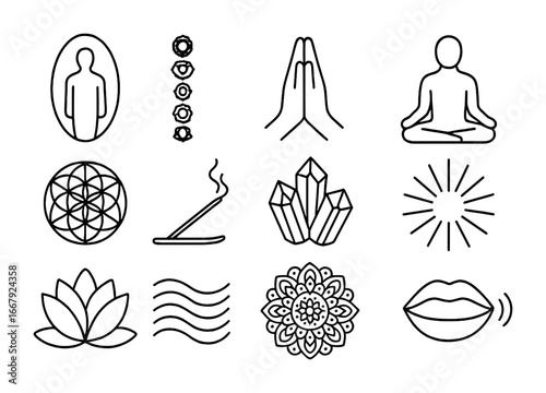 Spiritual Icon Set. Outline icon set of spiritual wellness: aura colors, chakra symbols, prayer hands,