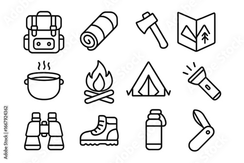 Camping essentials icon set. Outdoor gear and hiking accessories in thin line style. Vector collection for adventure tourism. Camp equipment symbols for trekking and survival.
