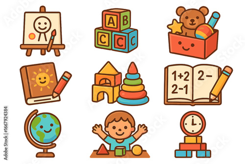 Cute cartoon icons set for kindergarten and preschool education. Early childhood development, learning through play concept. Vector illustration of toys and school supplies.