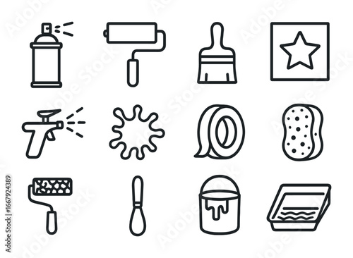 Mural Tools Icons. Outline icon set of paint techniques for murals: spray can, roller, brush, stencil,