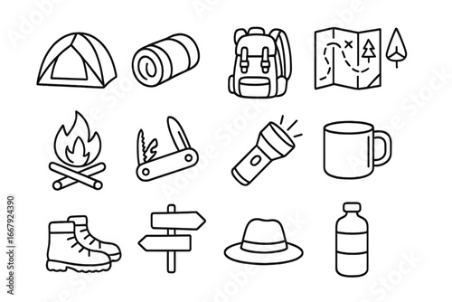Camping essentials and hiking gear icon set. Outdoor adventure and travel symbols in thin line style. Vector illustration of tent, backpack, campfire, boots, map, survival kit.