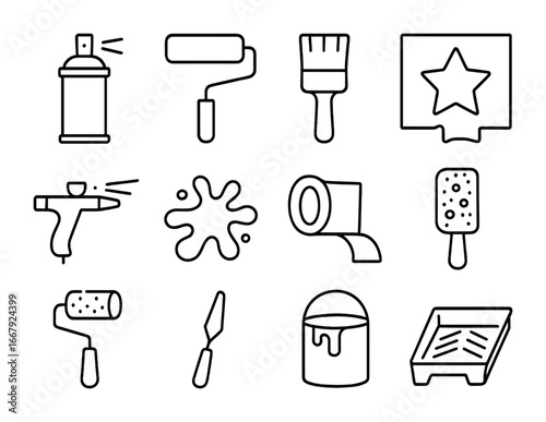 Mural Tools Icons. Outline icon set of paint techniques for murals: spray can, roller, brush, stencil,