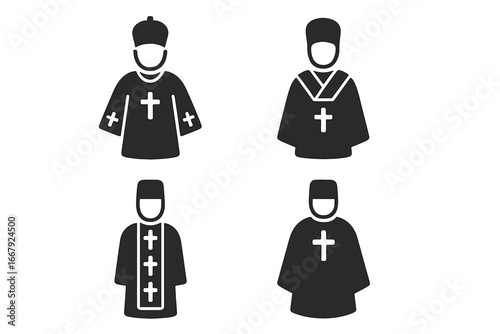 Eastern Orthodox clergy icons. Solid filled icon set of priest, bishop vestments. Sakkos, omophorion, epitrachelion, phelonion. Christian religion symbol. Vector illustration.