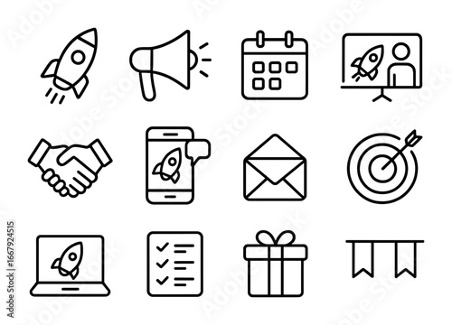 Product Launch Icons. Outline icon set of product launch: rocket, megaphone, calendar, presentation, handshake