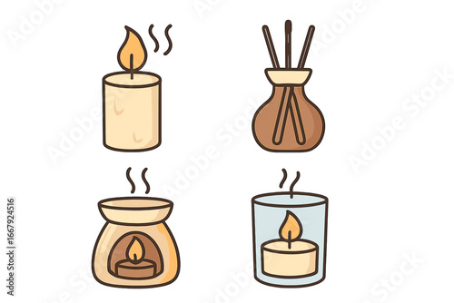 Aromatherapy icons set. Candle, reed diffuser, oil burner, and wax warmer. Vector cartoon illustration for home fragrance, spa, relaxation, and wellness concepts. Cozy decor.